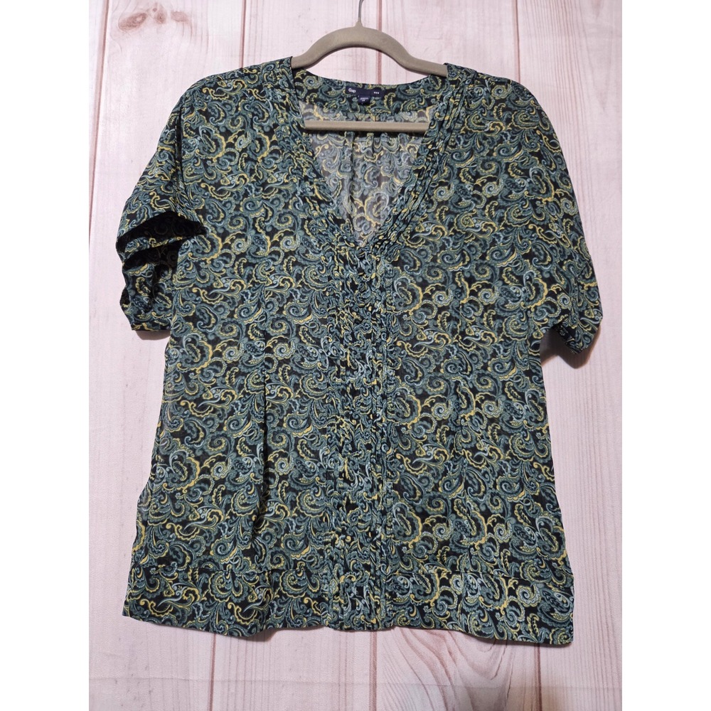Gap Women XS Blue Green Paisley Chiffon VNeck Pleated Short Sleeve Blouse Sheer